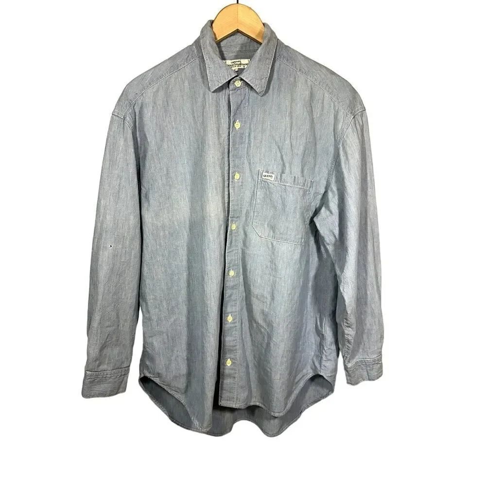 GUESS BY GEORGES MARCIANO Men's Vintage Denim Button Down Shirt Blue Size Large